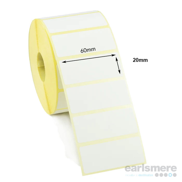 60mm x 20mm White Direct Thermal Labels, Paper, Permanent Adhesive