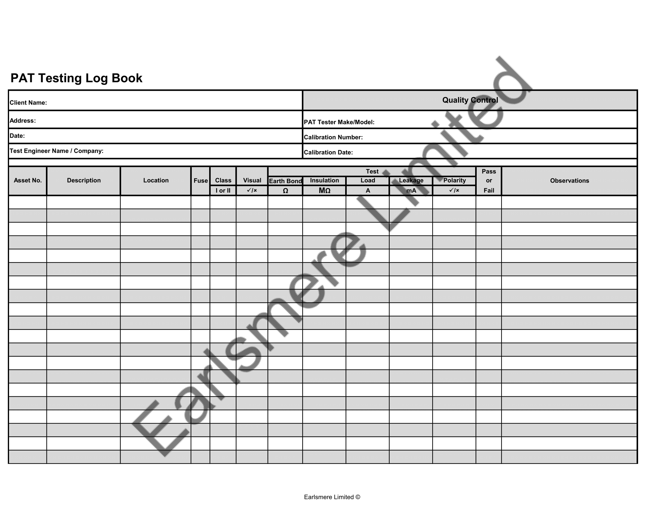 A4 PAT Testing Log Book (NCR) – Earlsmere Limited